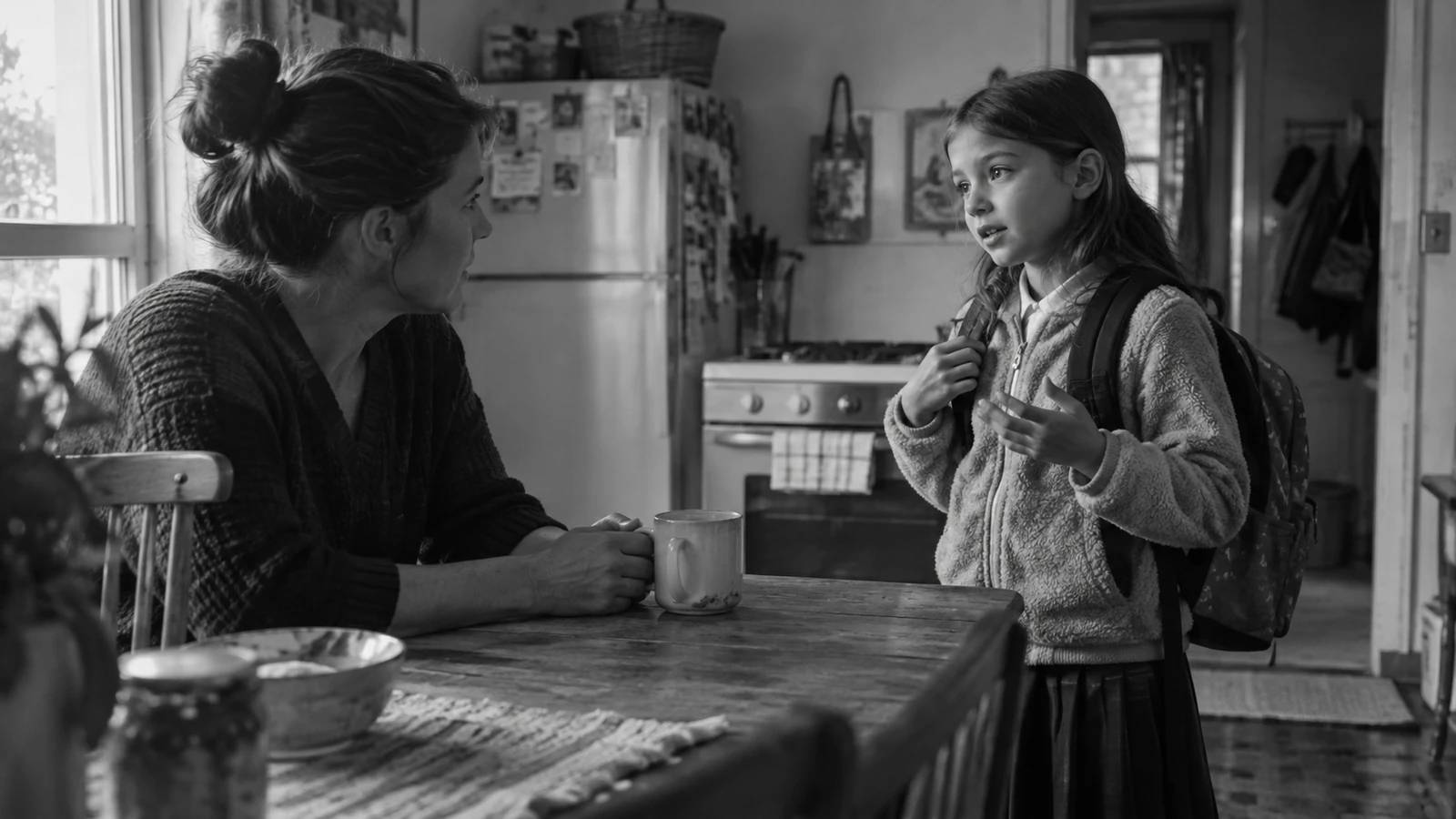 A child wearing a backpack talks with a caregiver seated at a kitchen table.