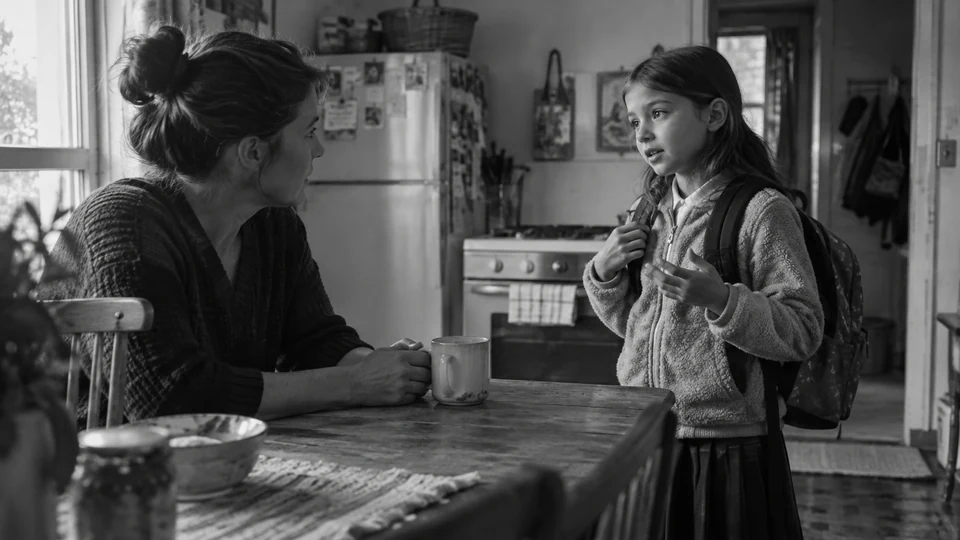 A child wearing a backpack talks with a caregiver seated at a kitchen table.