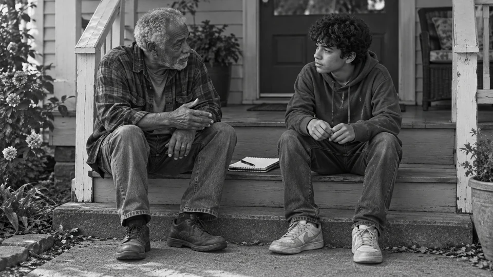 A grandparent and student talk on a front step.