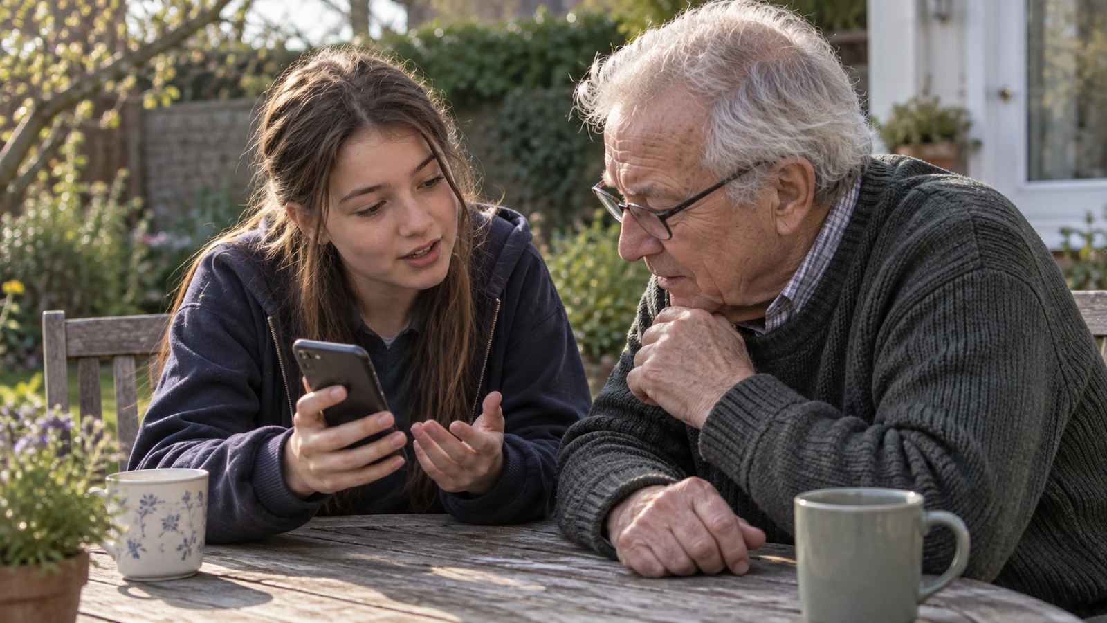 A student shows a phone to her grandfather at a garden table.