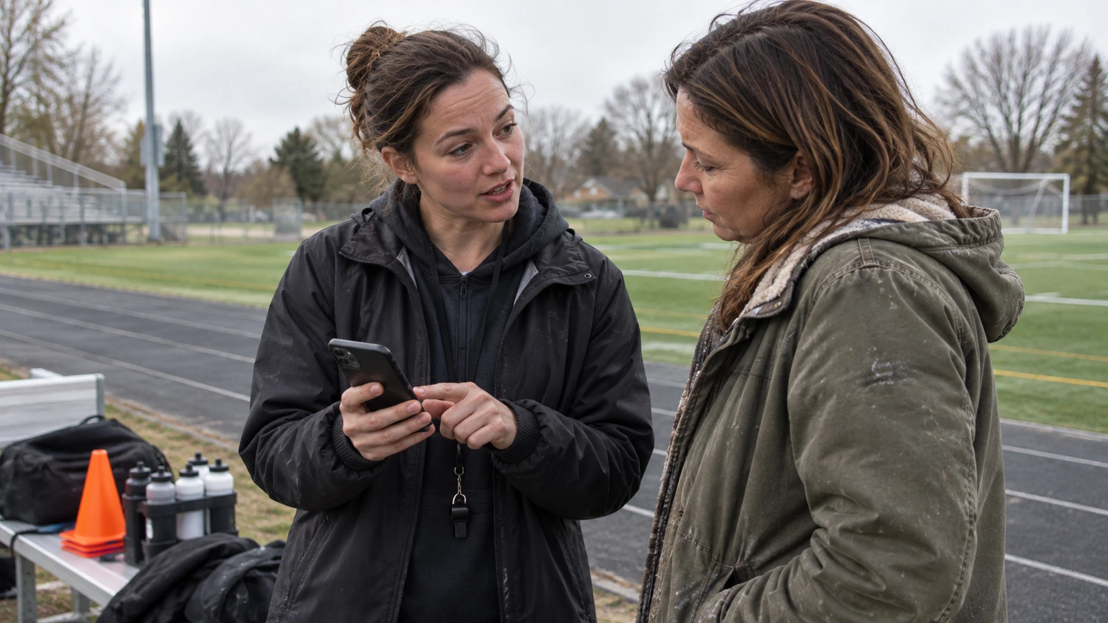 A coach shows a phone to a parent beside a practice field.