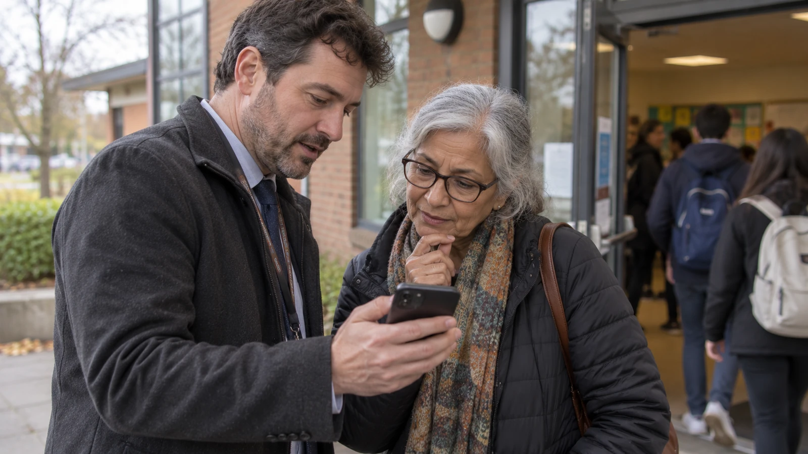A teacher and community member look at a phone outside a school room.