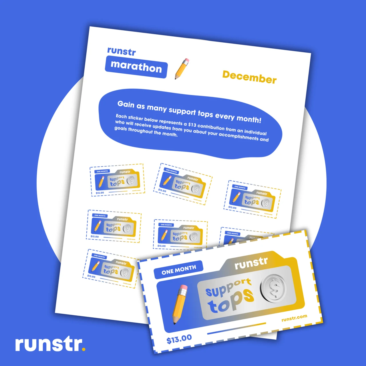 Archived Runstr Marathon artwork with a supporter activity sheet and support-token graphics.