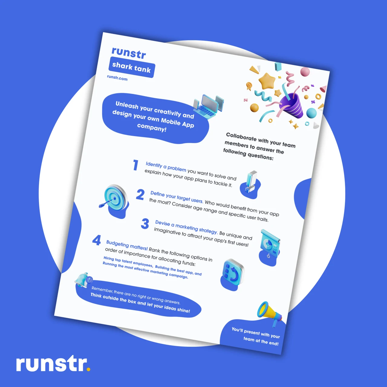 Archived Runstr Shark Tank workshop artwork with an activity sheet on a blue background.
