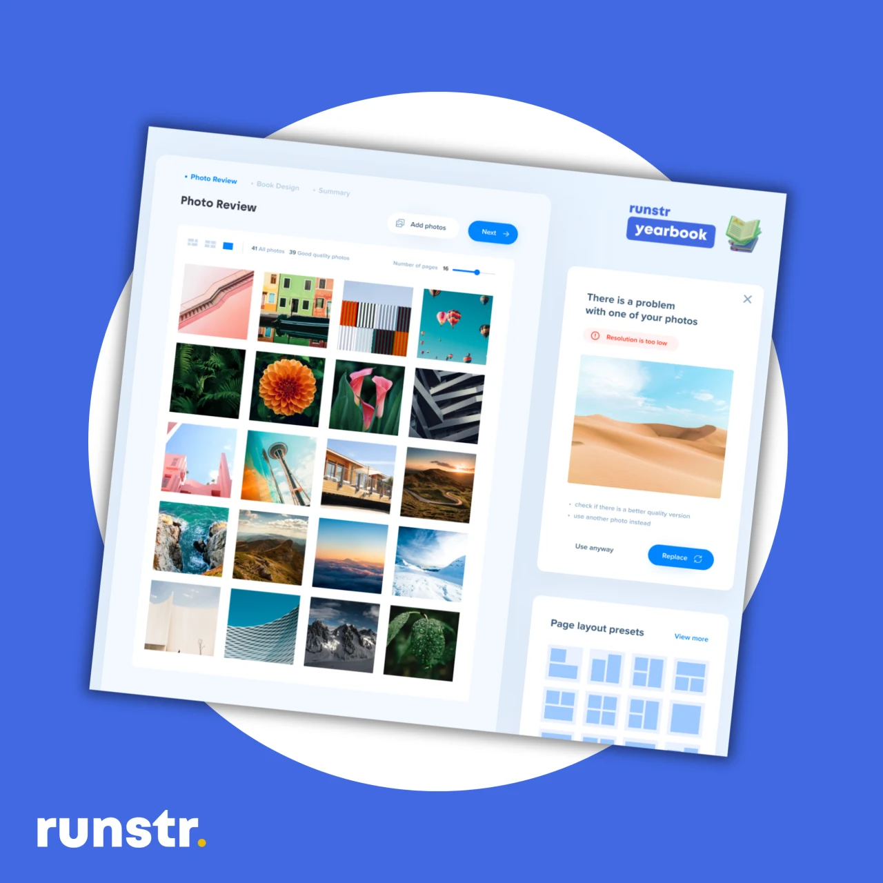 Archived Runstr Yearbook digital-portfolio mockup showing a desktop photo interface.