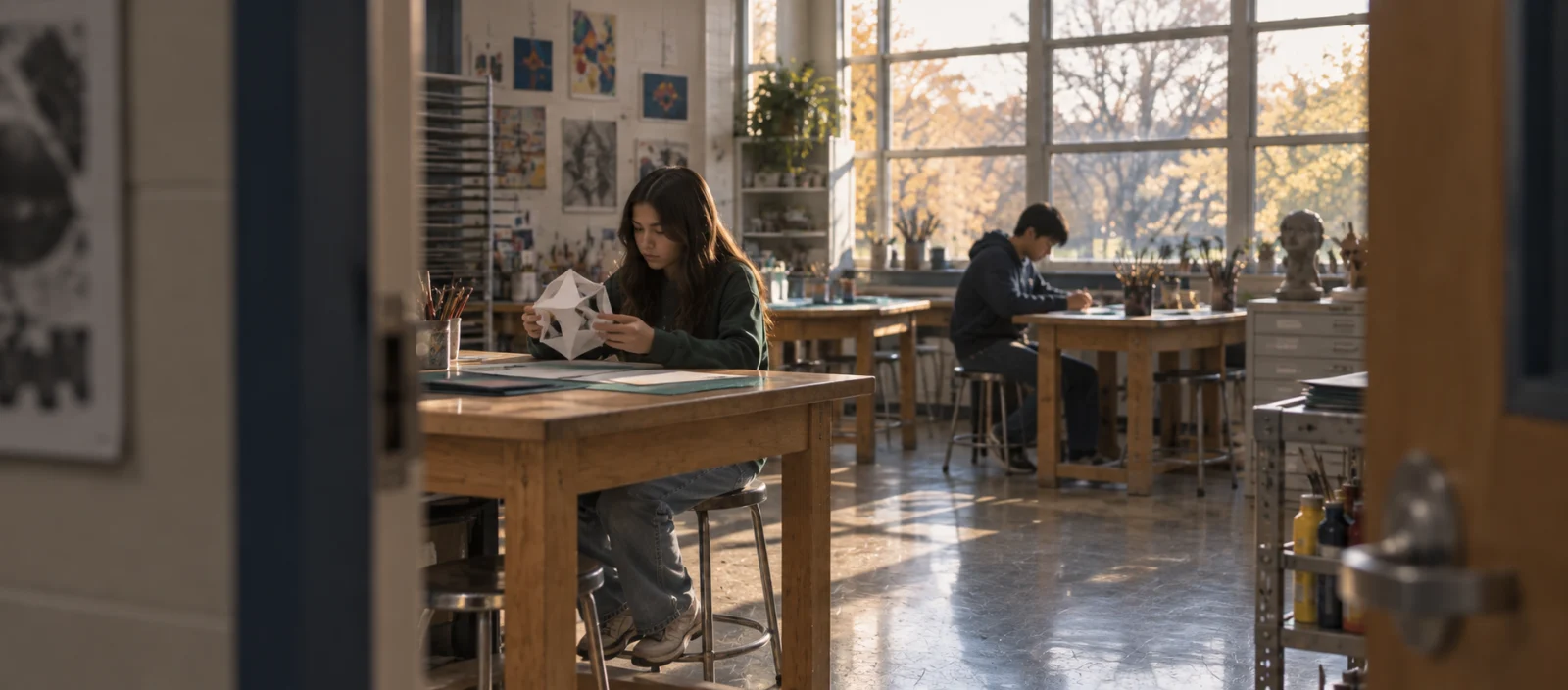 A student examines a folded-paper construction at an art-room table while another works beside the windows.