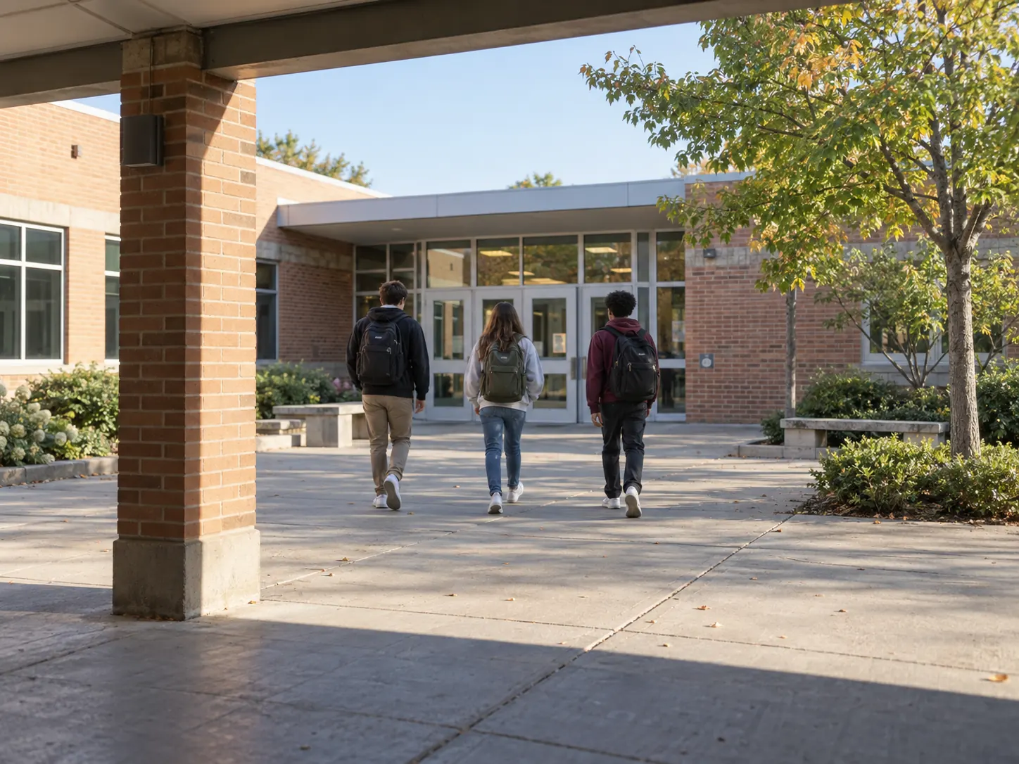 Three people with backpacks walk across a courtyard toward a brick building.