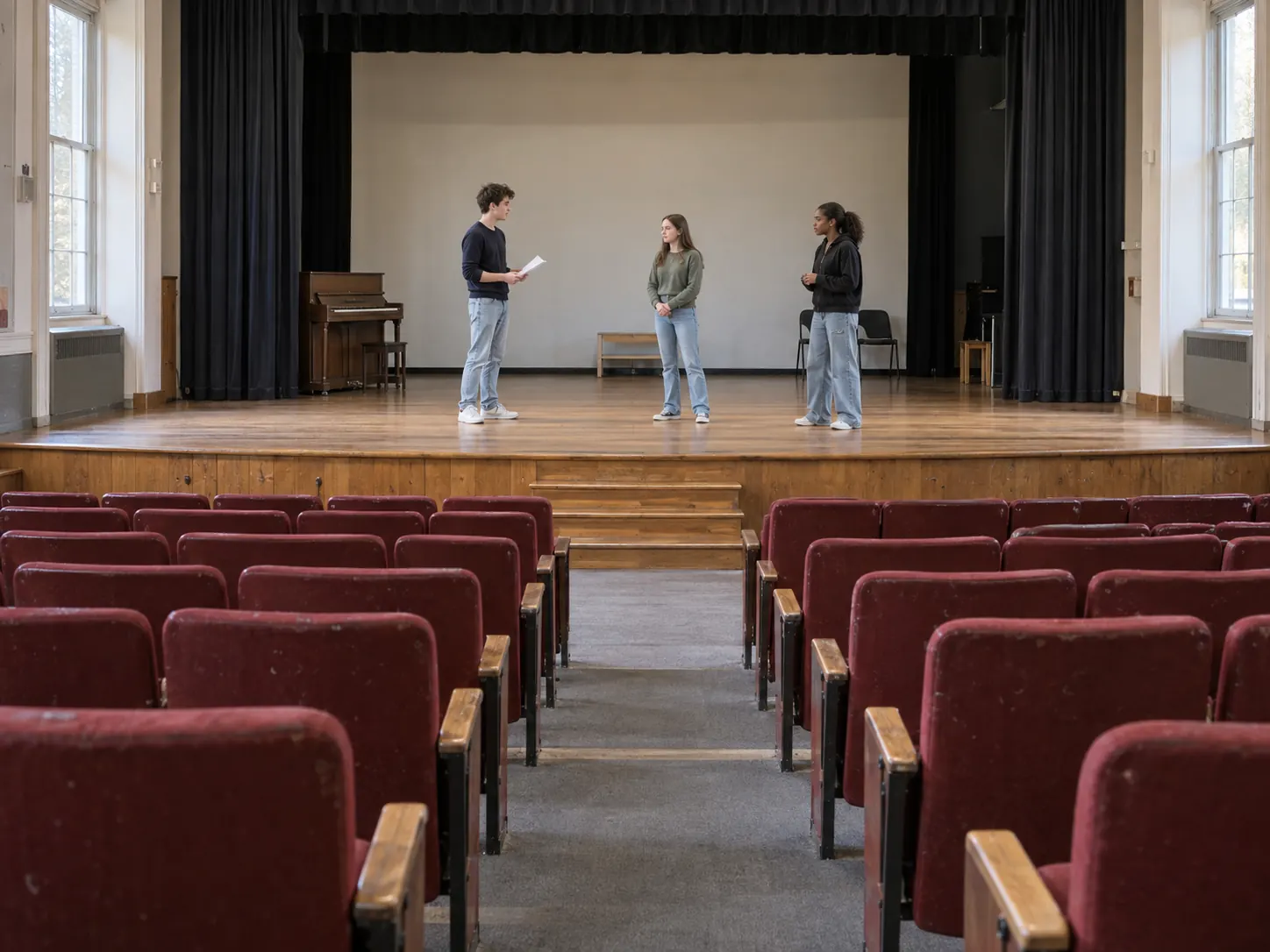 Three people rehearse on a stage beyond rows of empty auditorium seats.