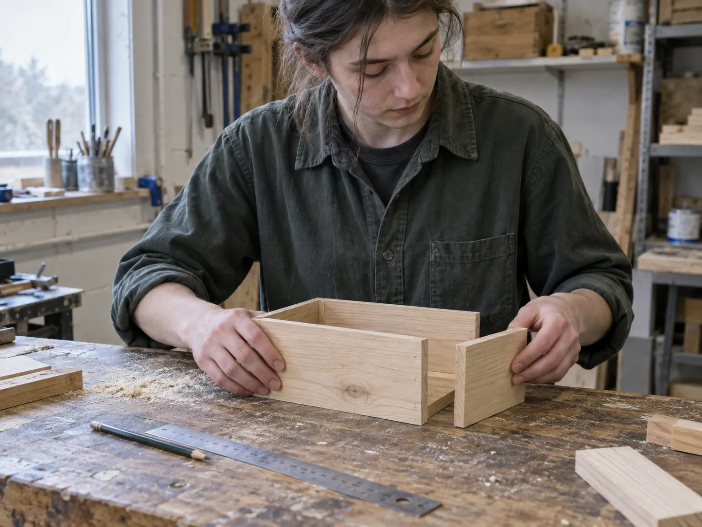 A person aligns wooden panels for a small box on a workshop bench.