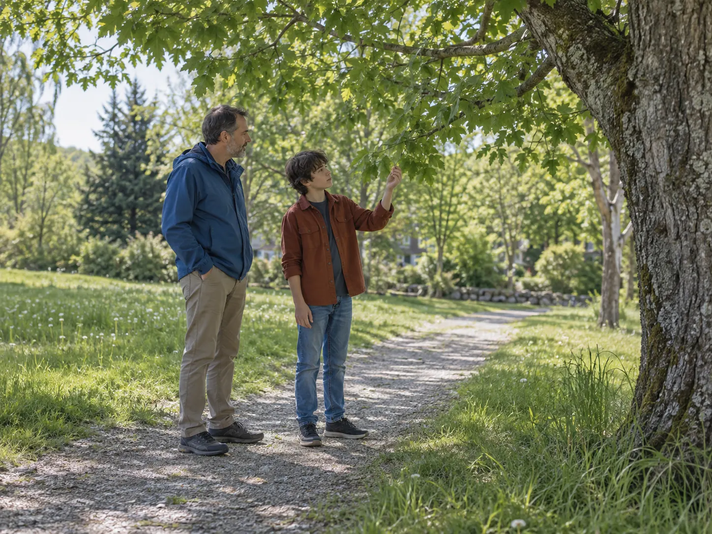 An adult and young person examine leaves beside a park path.
